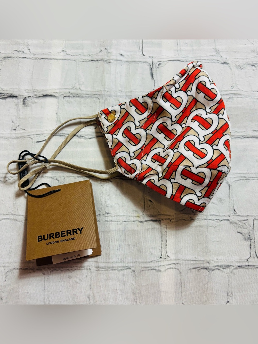 Burberry TB Monogram Print Face Mask & Drawstring Bag Logo Tan Orange White NWT - Picture 3 of 14